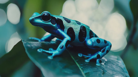 A close-up of a blue poison arrow frog on a leaf, its vibrant skin patterns contrasting with the green foliage.の素材