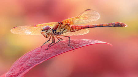 A close-up of a red dragonfly perched on a red leaf, with wings glistening, set against a softly blurred red background.の素材