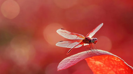 A close-up of a red dragonfly perched on a red leaf, with wings glistening, set against a softly blurred red background.の素材