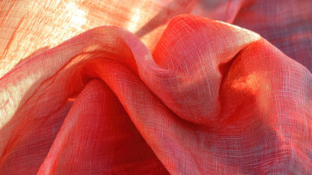 A close-up of a red hot air balloon fabric, showcasing the texture and vibrant color, with the sun illuminating the material.の素材
