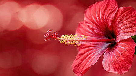 A close-up of a red hibiscus flower in full bloom, with delicate petals and a prominent stamen, set against a blurred red background.の素材