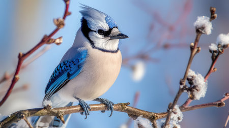 A detailed photograph of a blue jay perched on a branch, its feathers fluffed up against a blurred blue sky background.の素材