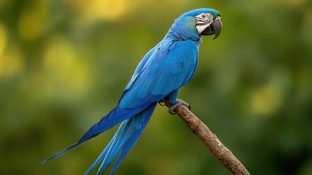 A detailed photograph of a blue macaw perched on a branch, its vibrant plumage contrasting against a blurred green background.の素材
