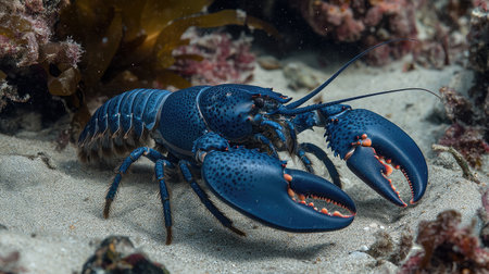 A detailed image of a blue lobster on the ocean floor, its unique coloration standing out against the sandy seabed.の素材