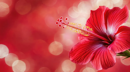 A close-up of a red hibiscus flower in full bloom, with delicate petals and a prominent stamen, set against a blurred red background.の素材