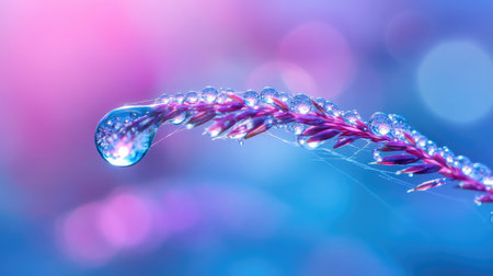 A close-up of a single dewdrop on a spider web, glistening against a blurred blue background, highlighting the delicate threads and intricate patterns.の素材