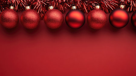 A festive arrangement of red Christmas ornaments and tinsel, creating a cheerful holiday atmosphere on a red background.の素材