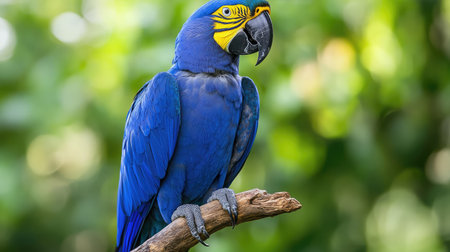 A detailed photograph of a blue macaw perched on a branch, its vibrant plumage contrasting against a blurred green background.の素材