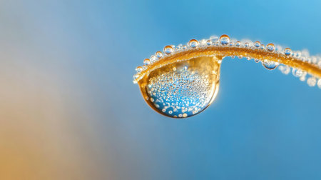 A close-up of a single dewdrop on a spider web, glistening against a blurred blue background, highlighting the delicate threads and intricate patterns.の素材