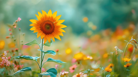 A close-up of a single sunflower standing tall amidst a field of wildflowers, its petals beginning to show the first signs of autumn.の素材