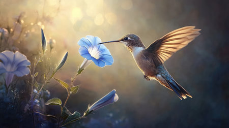 A detailed image of a hummingbird hovering near a blue morning glory flower, its wings a blur as it sips nectar.の素材
