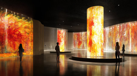 A futuristic art installation combining AI-generated visuals and interactive elements, engaging viewers in a dynamic experience.の素材