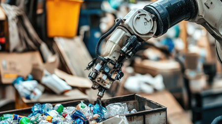 Robotic arm sorting recyclable materials in a modern waste management facility.の素材