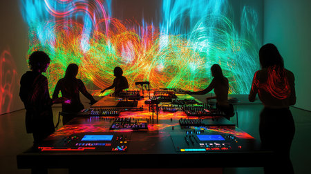 A futuristic art installation combining AI-generated visuals and interactive elements, engaging viewers in a dynamic experience.の素材