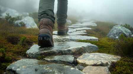 A stone-paved trail ascending a mist-covered mountain, with layers of ridges fading into the horizon.の素材