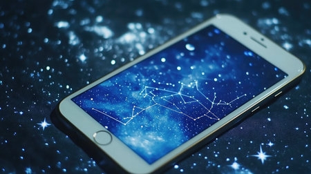 A smartphone with an AR stargazing app, overlaying constellations and planet names onto the night sky.の素材