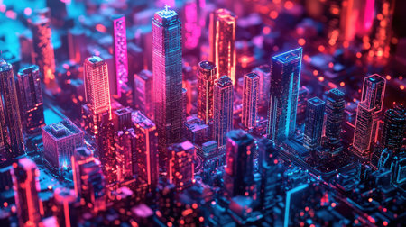 Abstract representation of a city's digital twin model used for urban planning and development simulations.の素材