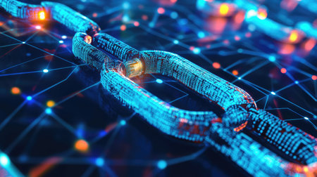 Artistic rendering of a blockchain network supporting decentralized applications dApps, fostering innovation.の素材