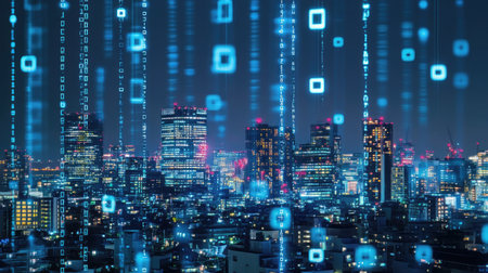 A cityscape at night overlaid with digital graphs and binary code, illustrating urban big data integration.の素材