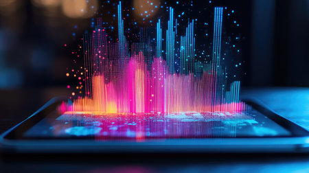A D bar chart emerging from a tablet screen, illustrating mobile big data analytics.の素材