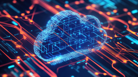A cloud-shaped network of interconnected lines and nodes, depicting cloud-based machine learning services.の素材