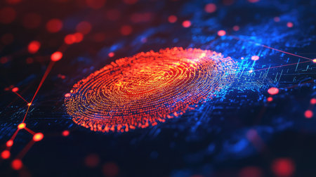 Close-up of a digital identity secured by blockchain technology, emphasizing data privacy and protection.の素材