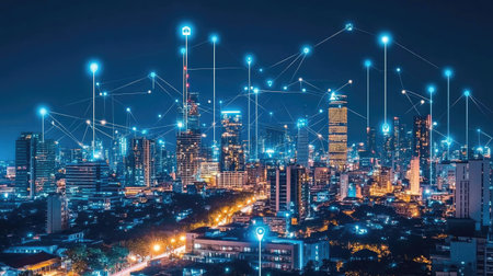 A futuristic city skyline at night, with illuminated buildings showcasing AI-driven technologies and smart infrastructure.の素材