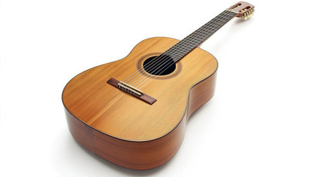 A classic acoustic guitar with a wooden finish, positioned on a white background, highlighting its craftsmanship and design.の素材