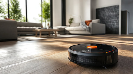 Futuristic robotic vacuum cleaner efficiently navigating a modern living room.の素材