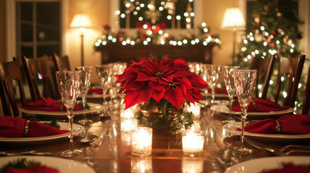 A beautifully set Christmas dinner table with candles, elegant place settings, and a centerpiece of poinsettias.の素材