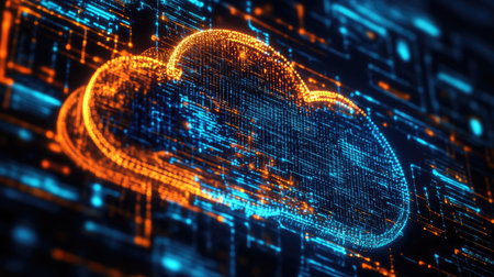 A digital cloud with a refresh symbol, representing automatic updates and synchronization in cloud computing.の素材