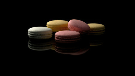 A collection of colorful macarons stacked in a pyramid on a black background, showcasing their delicate textures and pastel hues.の素材