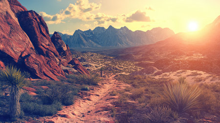 A narrow trail etched into a red rock formation, offering sweeping views of a desert valley at sunrise.の素材