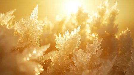 A close-up of a frosted windowpane with intricate ice crystal formations catching the soft morning light.の素材