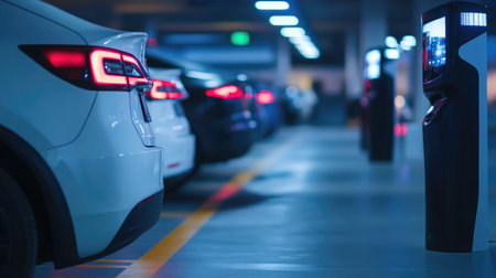 Close-up of a smart parking system with digital signage indicating available spaces in a modern urban environment.の素材