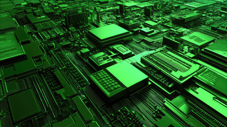 An abstract fractal design in shades of green, forming complex patterns and shapes, perfect for futuristic or tech-themed backgrounds.の素材