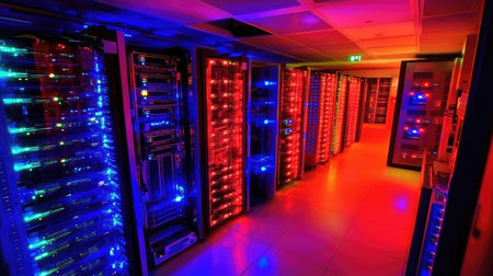A server room with rows of illuminated racks, representing the physical infrastructure behind cloud services.の素材