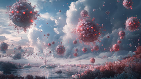 Detailed depiction of a nanoscale drug delivery system targeting cancer cells, representing innovations in medical treatments.の素材