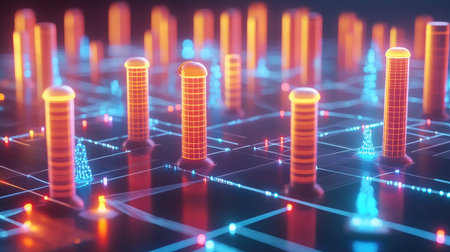 An abstract D rendering of interconnected data nodes forming a complex network, representing big data analytics.の素材