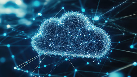 A cloud-shaped network of interconnected lines and nodes, depicting cloud-based machine learning services.の素材