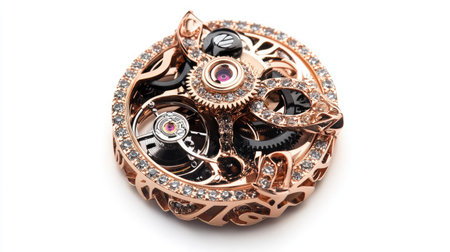 A close-up image of a mechanical wristwatch's intricate gears and components, isolated on a white background.の素材