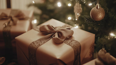A close-up of beautifully wrapped Christmas gifts with ornate bows, placed beneath a twinkling Christmas tree.の素材