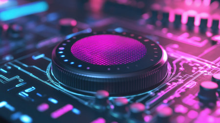 A virtual assistant device with waveform graphics, indicating voice recognition powered by machine learning.の素材