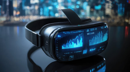 A virtual reality headset displaying data analytics, illustrating big data in immersive technologies.の素材