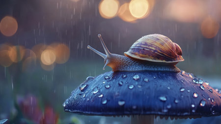 A macro image of a snail on a blue mushroom cap, with its antennae extended and shell glistening under soft light.の素材