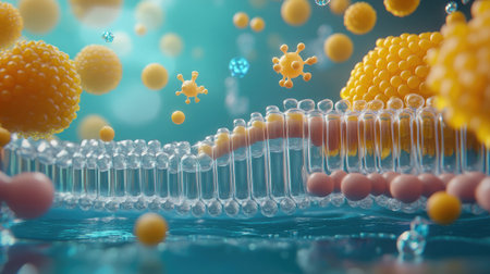 Detailed depiction of a nanoscale drug delivery system targeting cancer cells, representing innovations in medical treatments.の素材