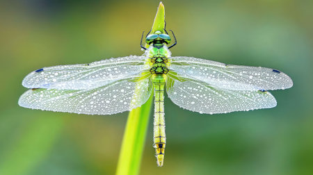 A close-up of a green dragonfly resting on a dewy blade of grass, with its wings glistening in the early morning light.の素材