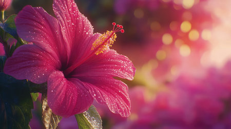 A close-up of a pink hibiscus flower with dew drops on its petals, set against a blurred pink background.の素材