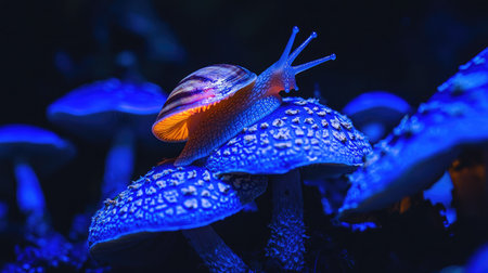 A macro image of a snail on a blue mushroom cap, with its antennae extended and shell glistening under soft light.の素材