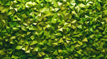 An abstract geometric pattern featuring various shades of green triangles and polygons, creating a modern and dynamic background.の素材